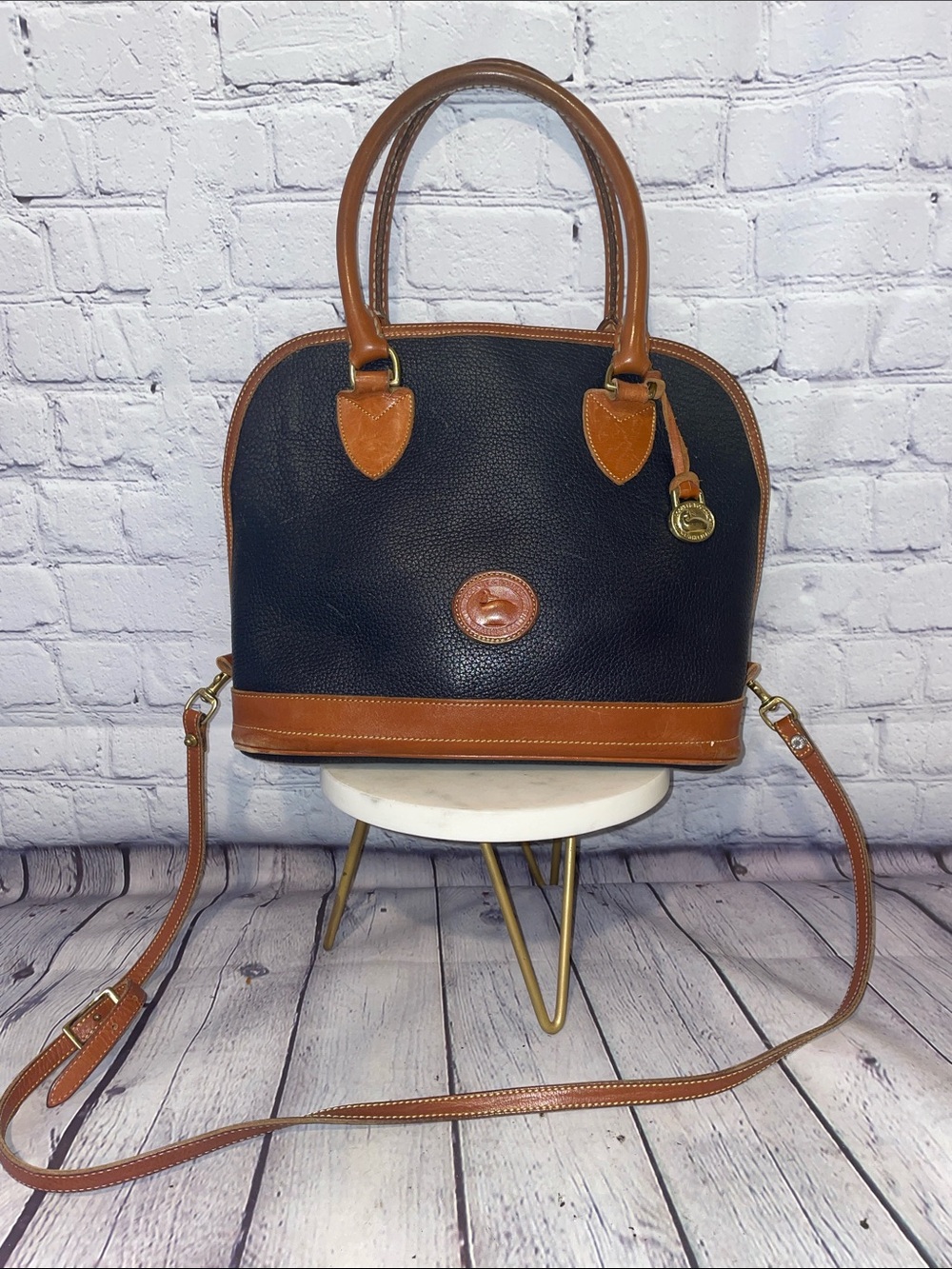 Dooney & Bourke Navy/British Tan Leather Dome Satchel • Vintage